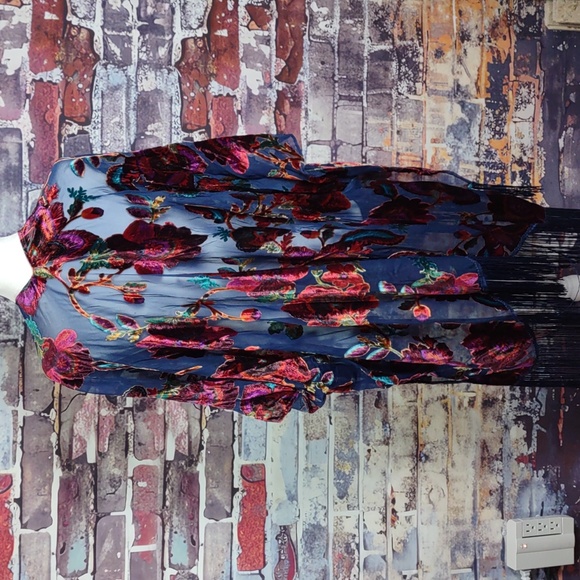 Navy Blue Mesh Kimono Jacket w/Multi Color Velvet Flowers - Picture 5 of 6